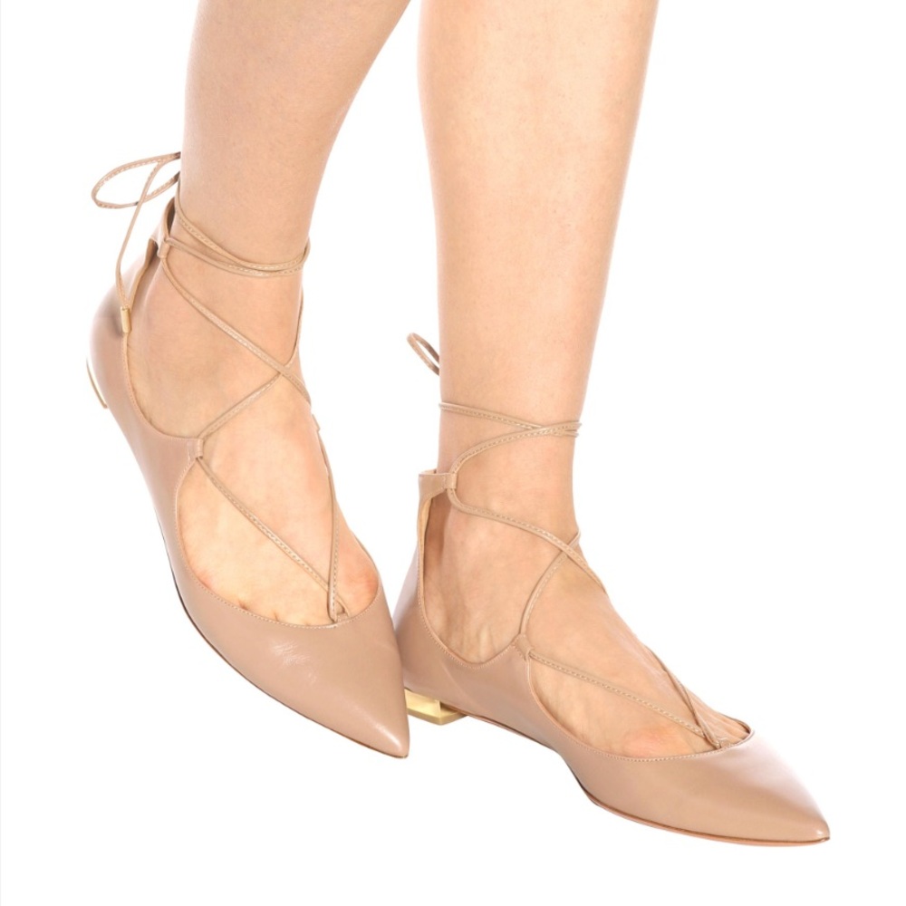 Aquazzura Tan Lace-Up Leather Flats